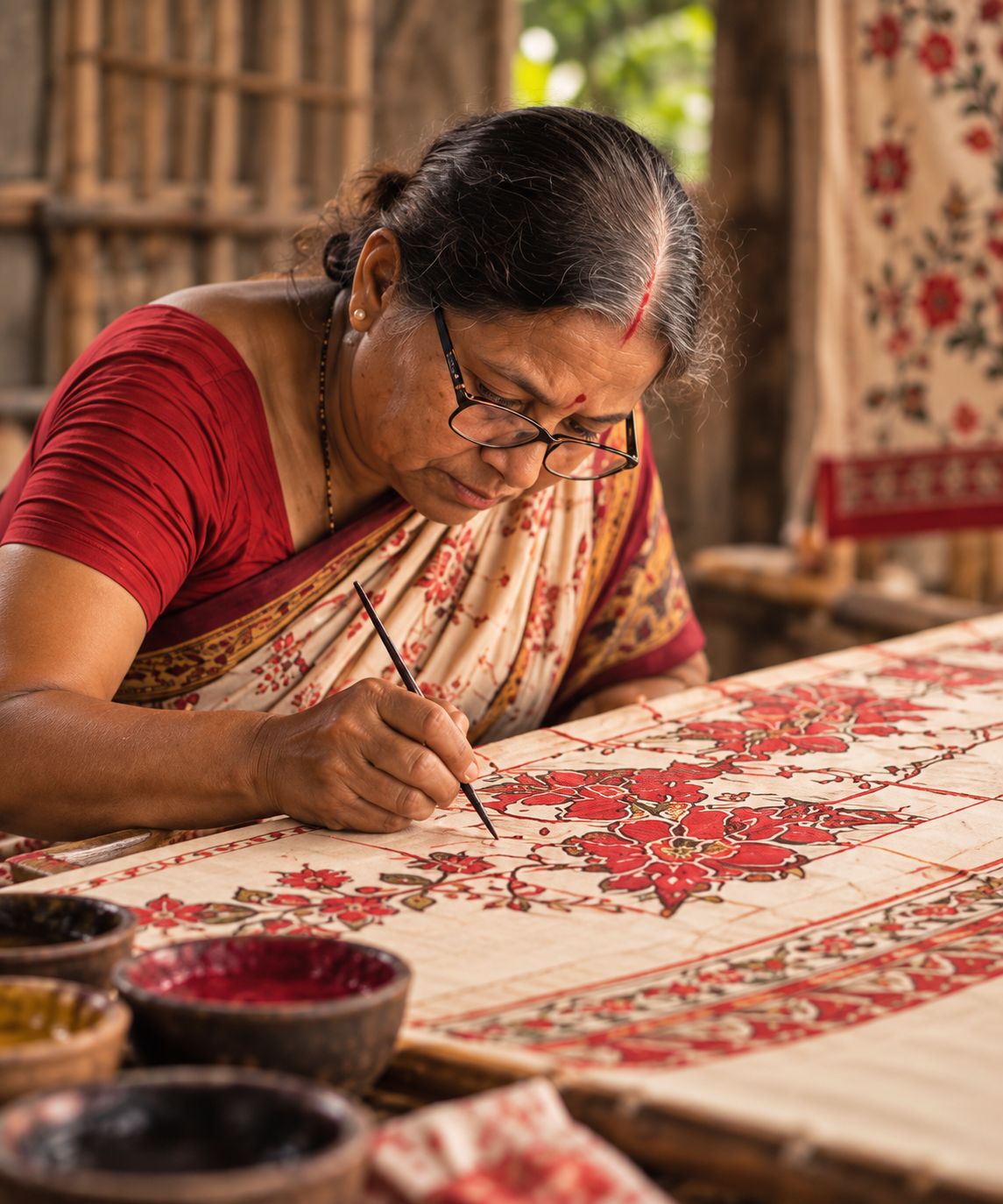 Prototype scene of a woman artisan painting a textile