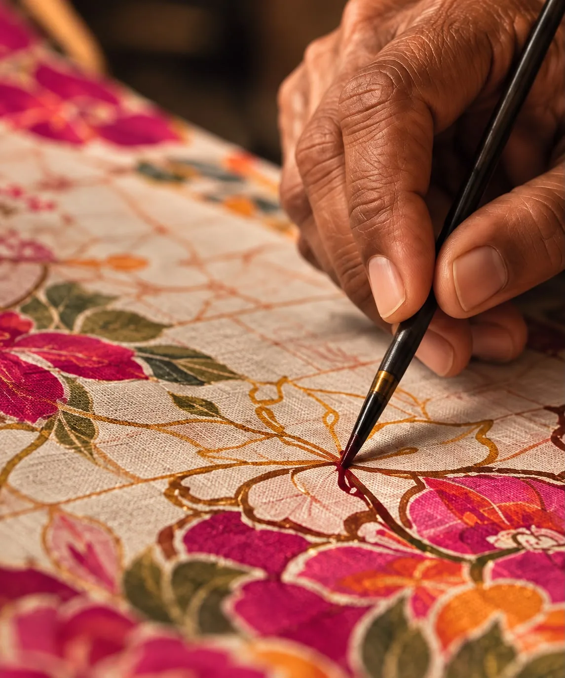 Hands painting a floral textile