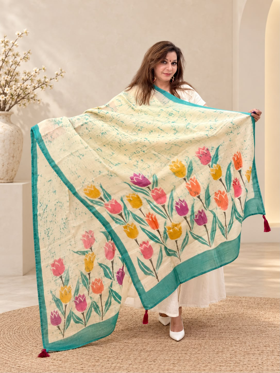 Model wearing Ivory Tulip Garden