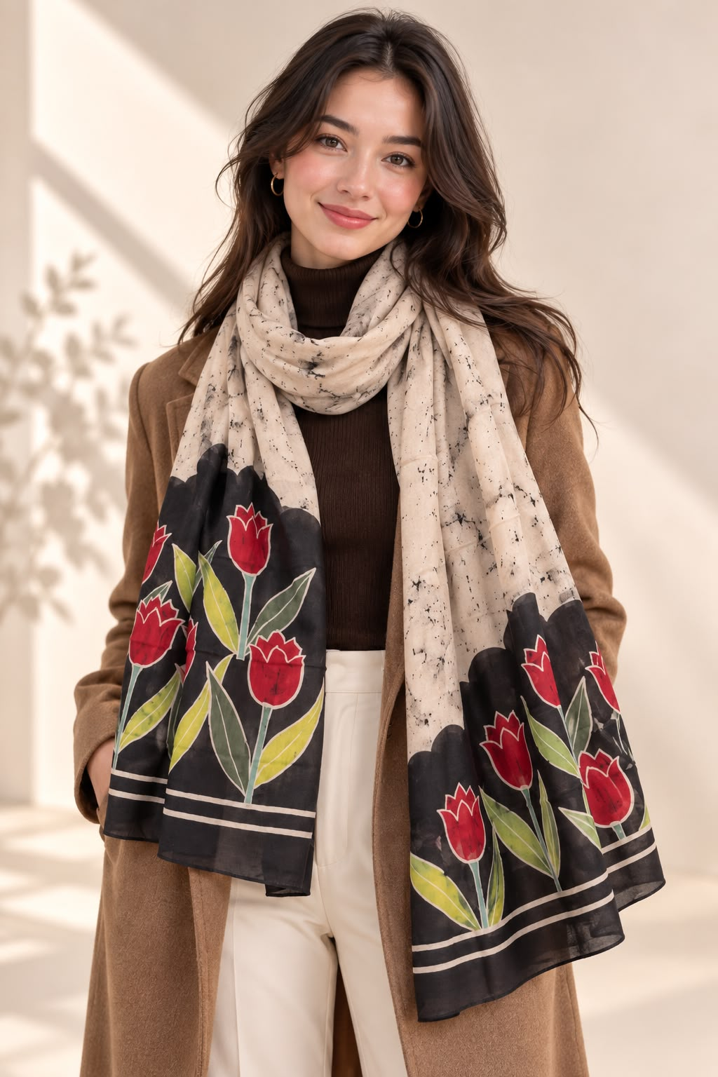 Midnight Tulips stole styled in a soft wrap
