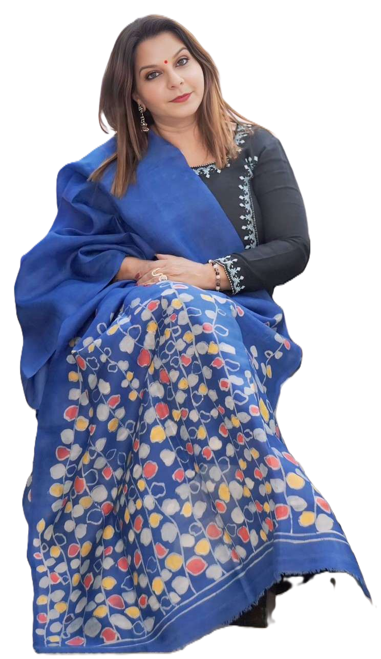 Praneeta Sharma wearing a blue hand-painted Tarangeeta saree